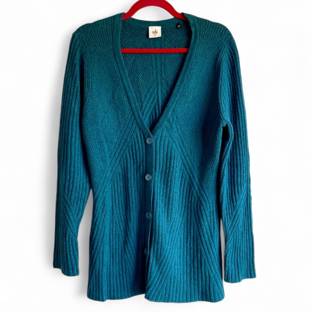 CAbi #3712 Deco Teal V Neck Rib Knit Cardigan Size M